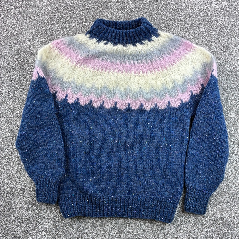 Vintage Danspun Sweater Women's L‎ Blue Scottish Wool Handknit Fair Isle Denmark